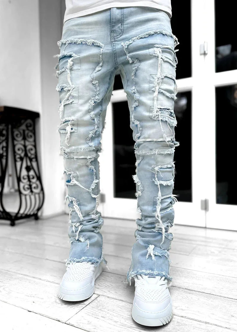 Men's Ripped Slim Fit Stacked Denim Jeans
