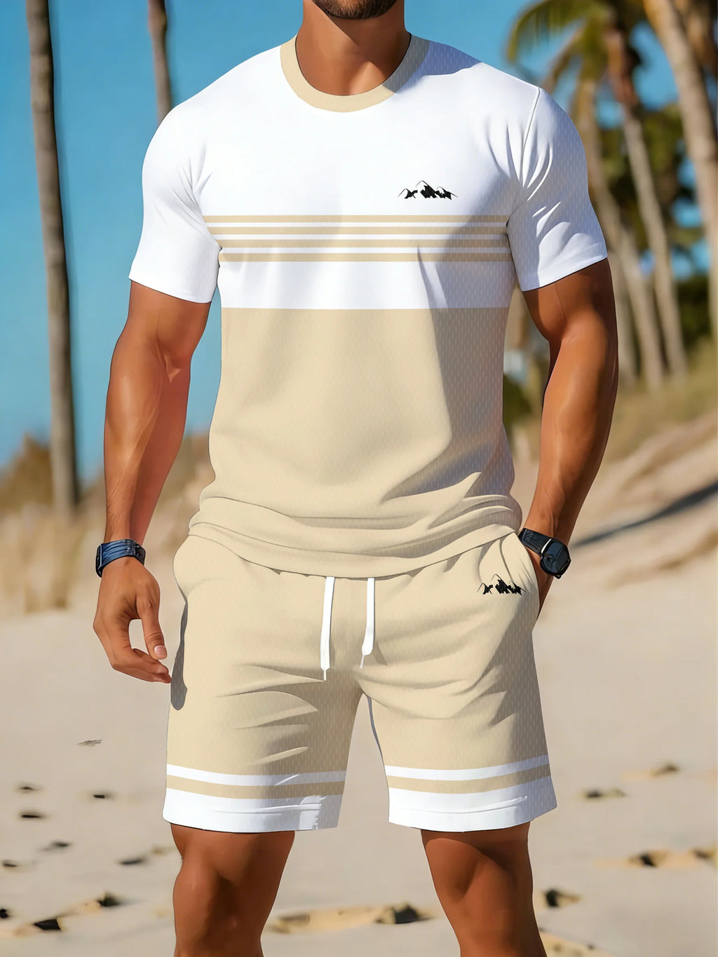 Men's Striped Print T-Shirt & Shorts Beach Set