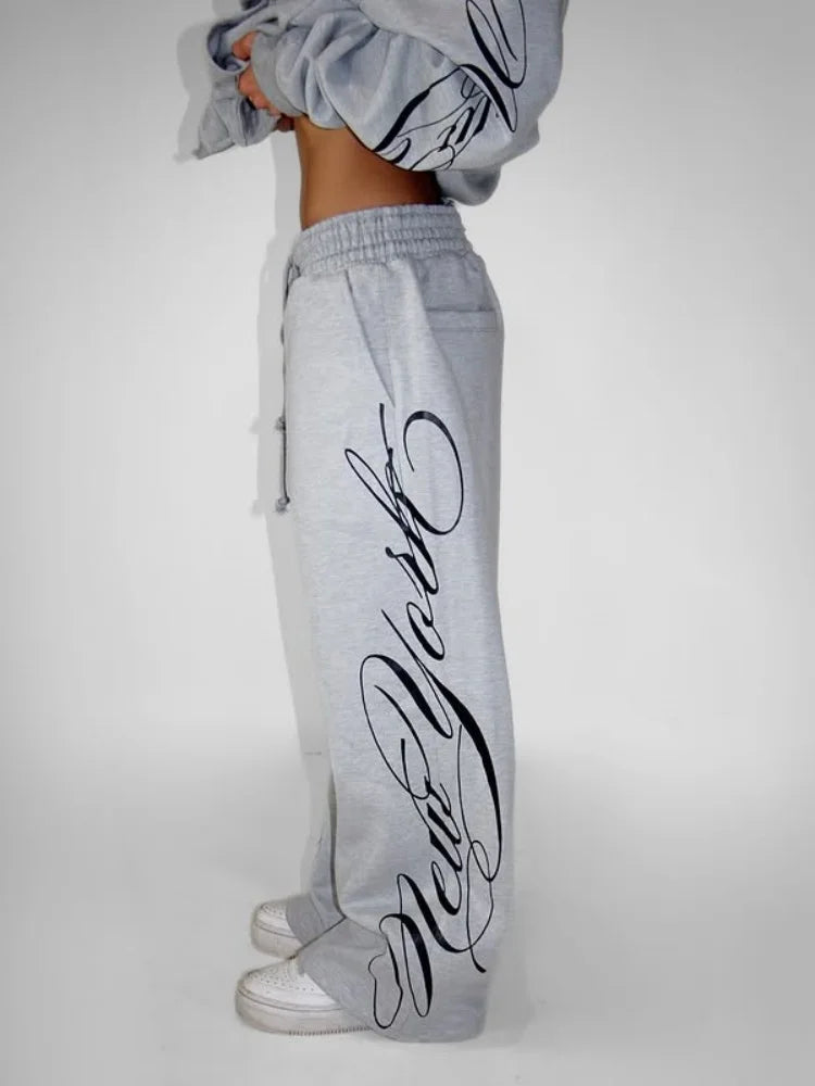 Grey Y2K Script Print Hoodie & Wide Leg Pants Set