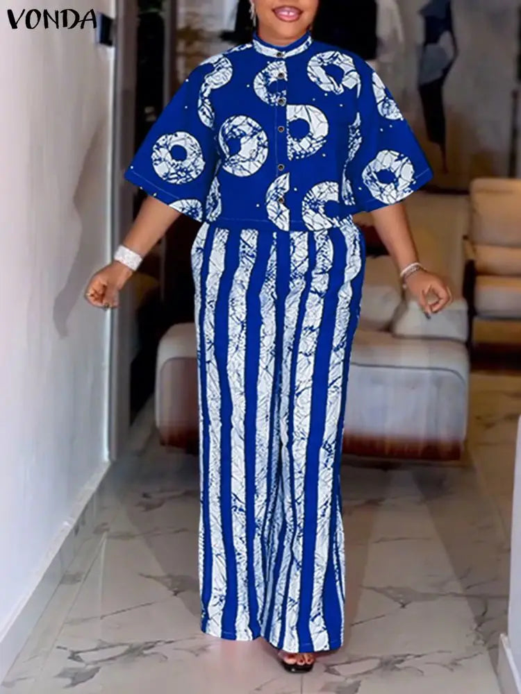 Plus Size Bohemian Print Shirt & Wide Leg Pants Set — Women