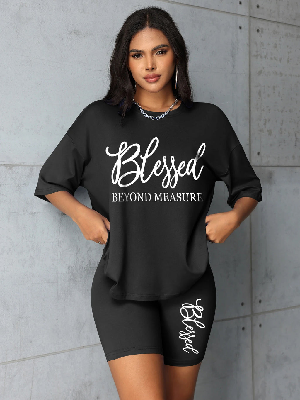 Plus Size Blessed Print Two-Piece Short Set — Women