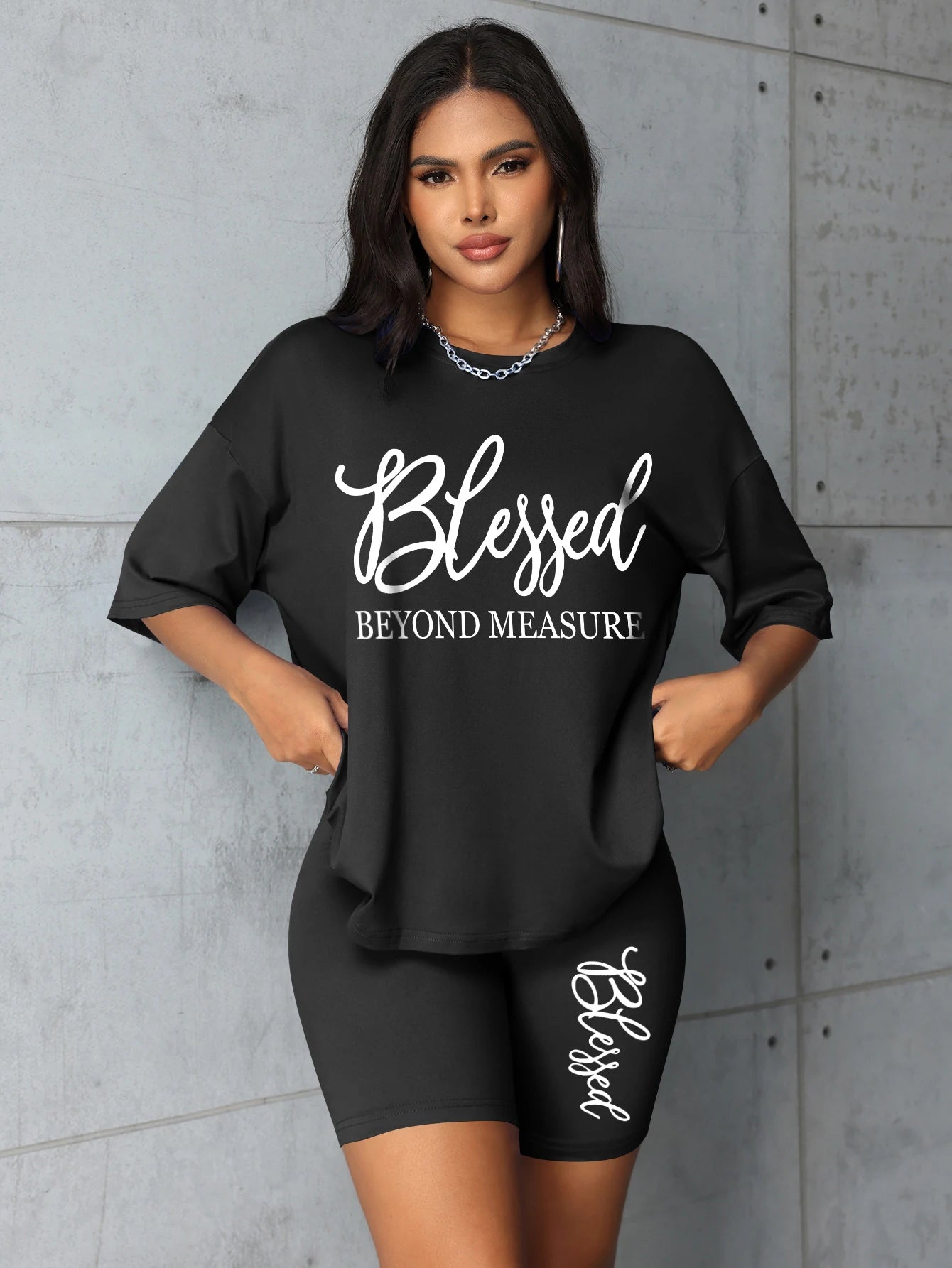 Plus Size Blessed Print Two-Piece Short Set — Women