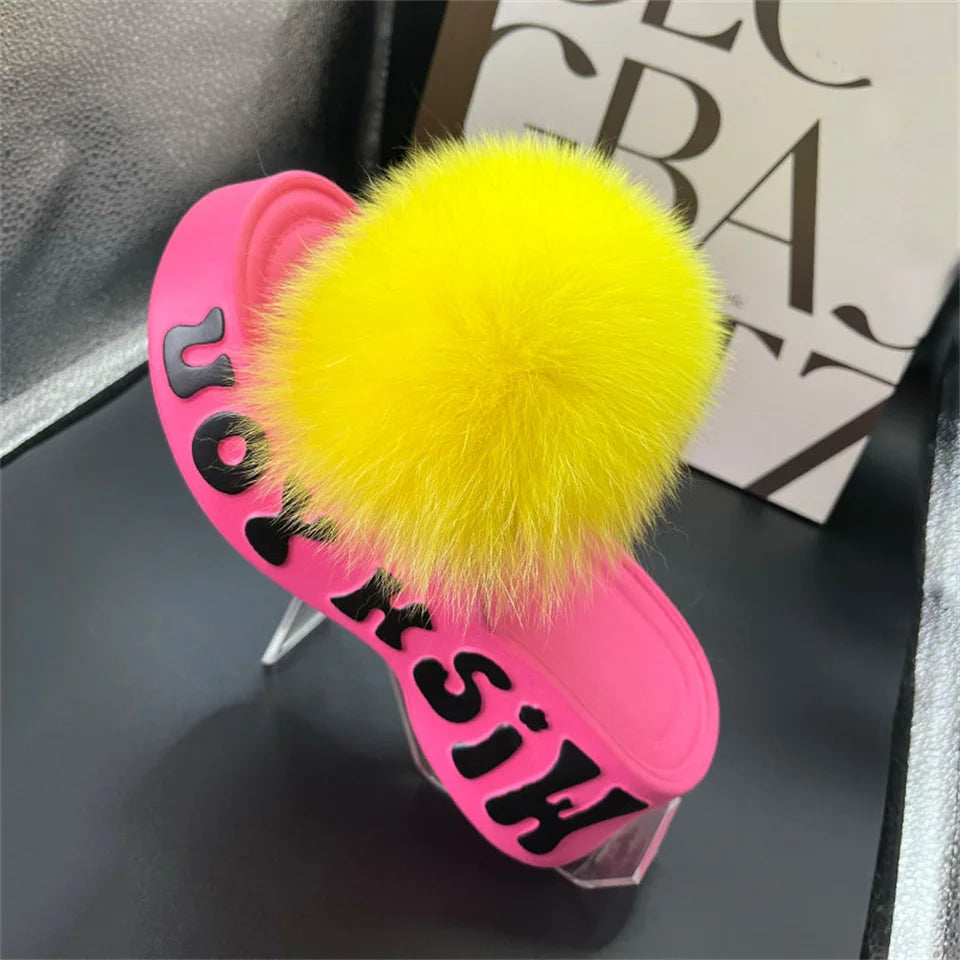 Women's Fox Fur Slippers Summer Open-Toe Fluffy Slippers Anti-Slip Shoes for Woman Sandals Fluffy Black Slides Fur Slides