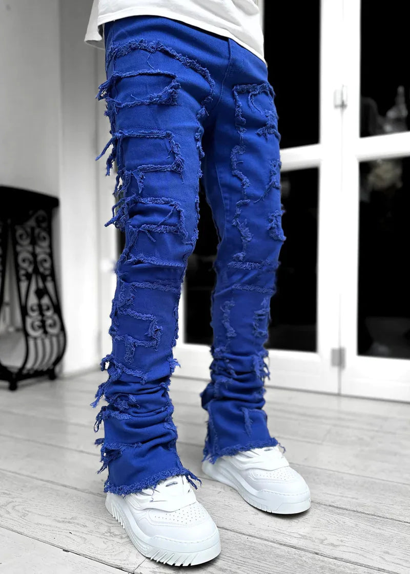 Men's Ripped Slim Fit Stacked Denim Jeans