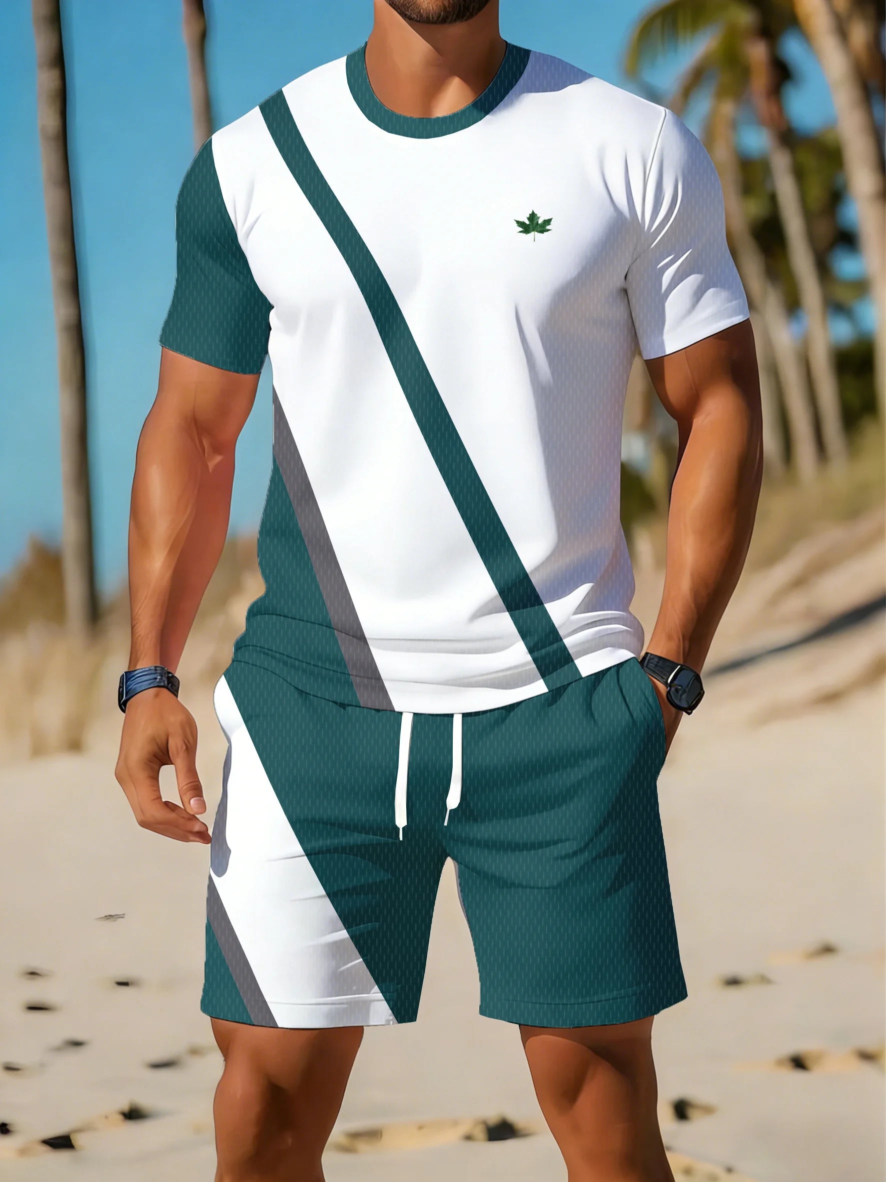Men's Plus Size Striped Beach T-Shirt & Shorts Set
