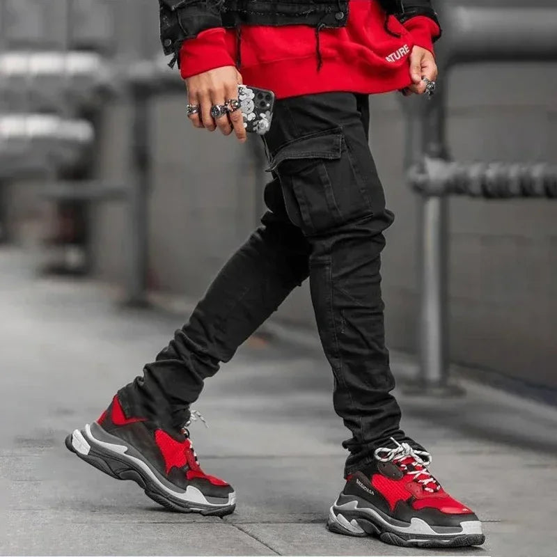 Men Street Elastic Denim Jeans Wash Solid Color Multi Pockets Cargo Pants Casual Slim Fit Daily Wear Joggers Mid Waist Trousers