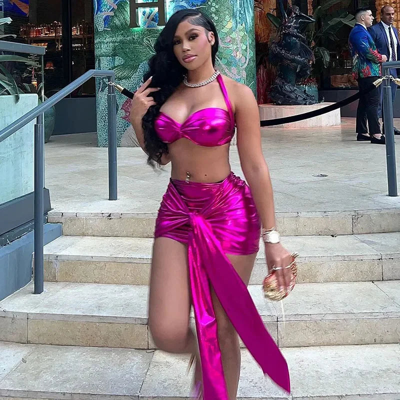 Metallic Bandage Crop Top & Draped Mini Skirt Set