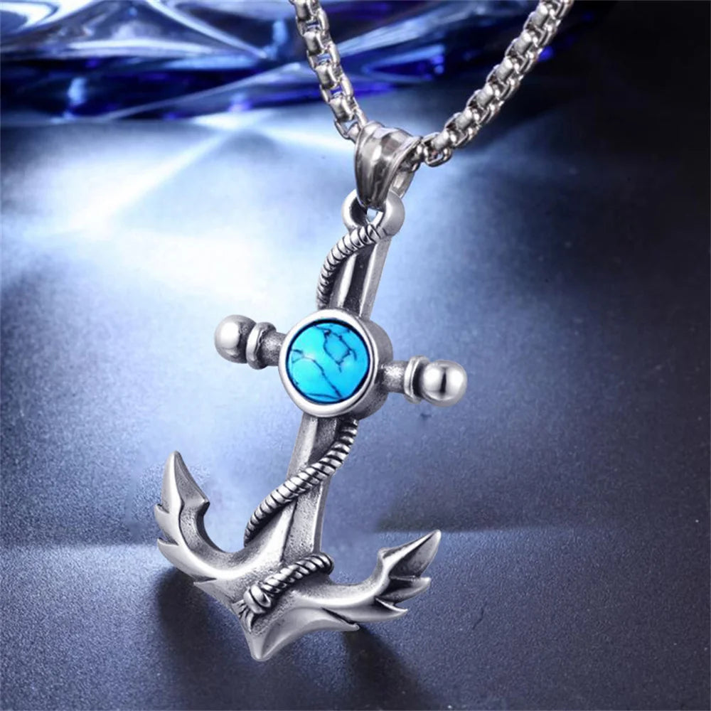 Wu's 2022 Double Sword Pirate Titanium Steel Necklace Retro Halloween Skull Ghost Head Anchor Necklace Imitation Turquoise Ancho