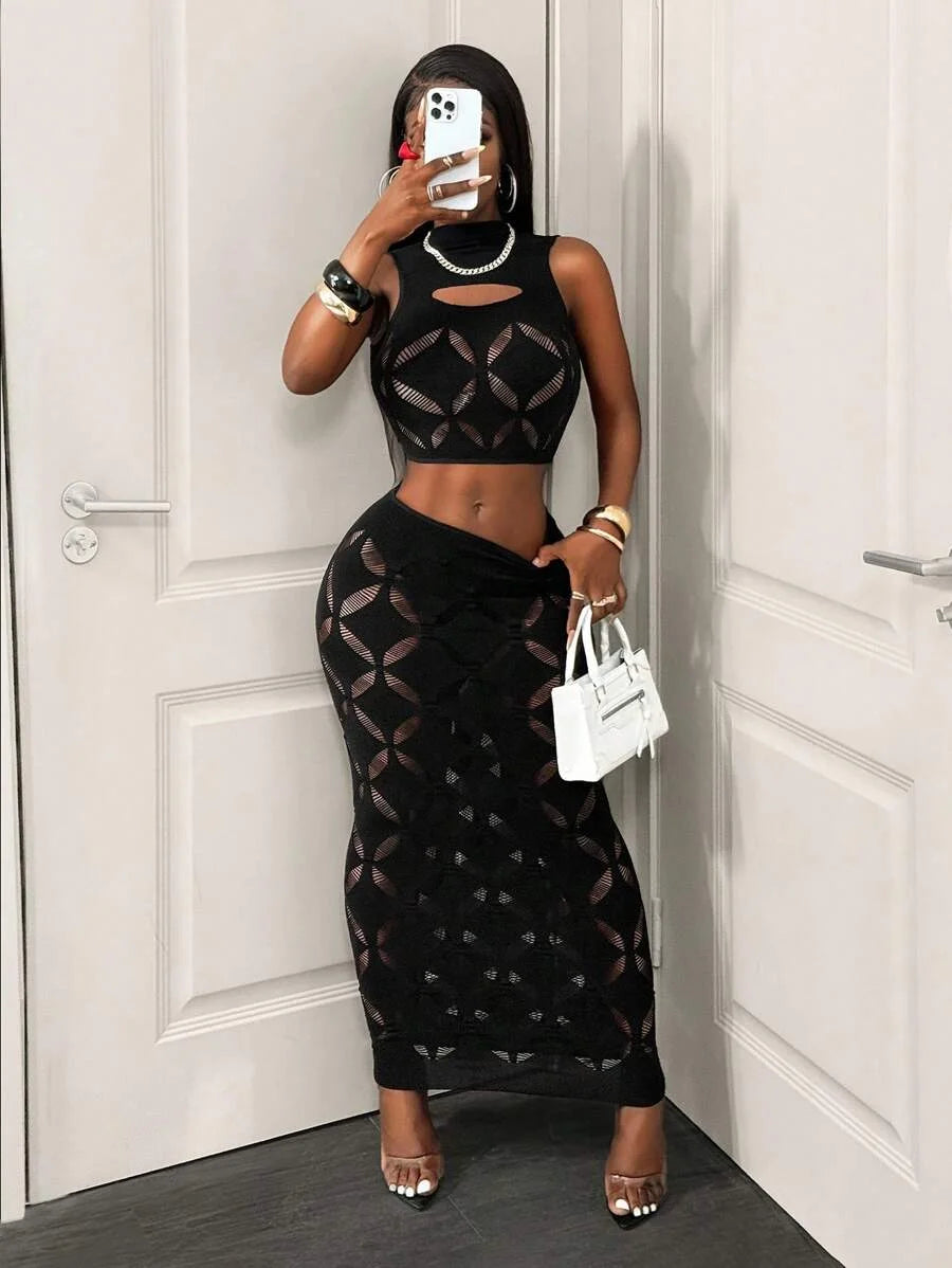 Mesh Crop Tank & Bodycon Mini Skirt Set — Women's Clubwear