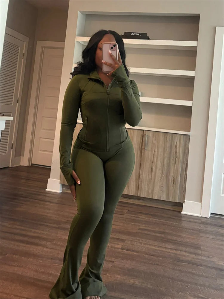 Elegant Sports Women Clothing Sales Long Sleeve Tops Flare Pants 2 Two Pieces Sets Tracksuit Streetwear Jogging Leggings Outfits