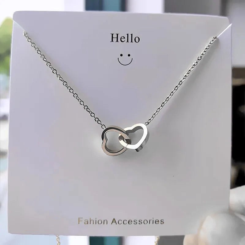 Simple Double Heart Pendant Necklace for Women Couple Stainless Steel Choker Gold Color Chain Wedding Party Friends Jewelry Gift