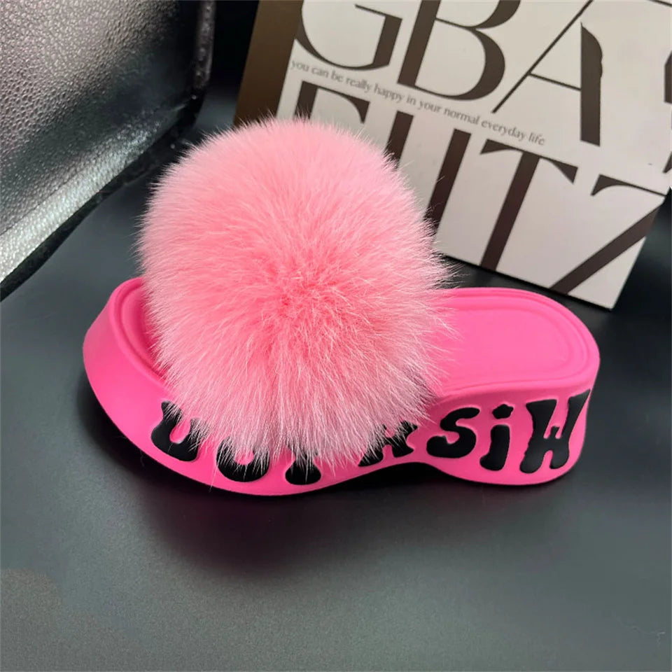 Women's Fox Fur Slippers Summer Open-Toe Fluffy Slippers Anti-Slip Shoes for Woman Sandals Fluffy Black Slides Fur Slides