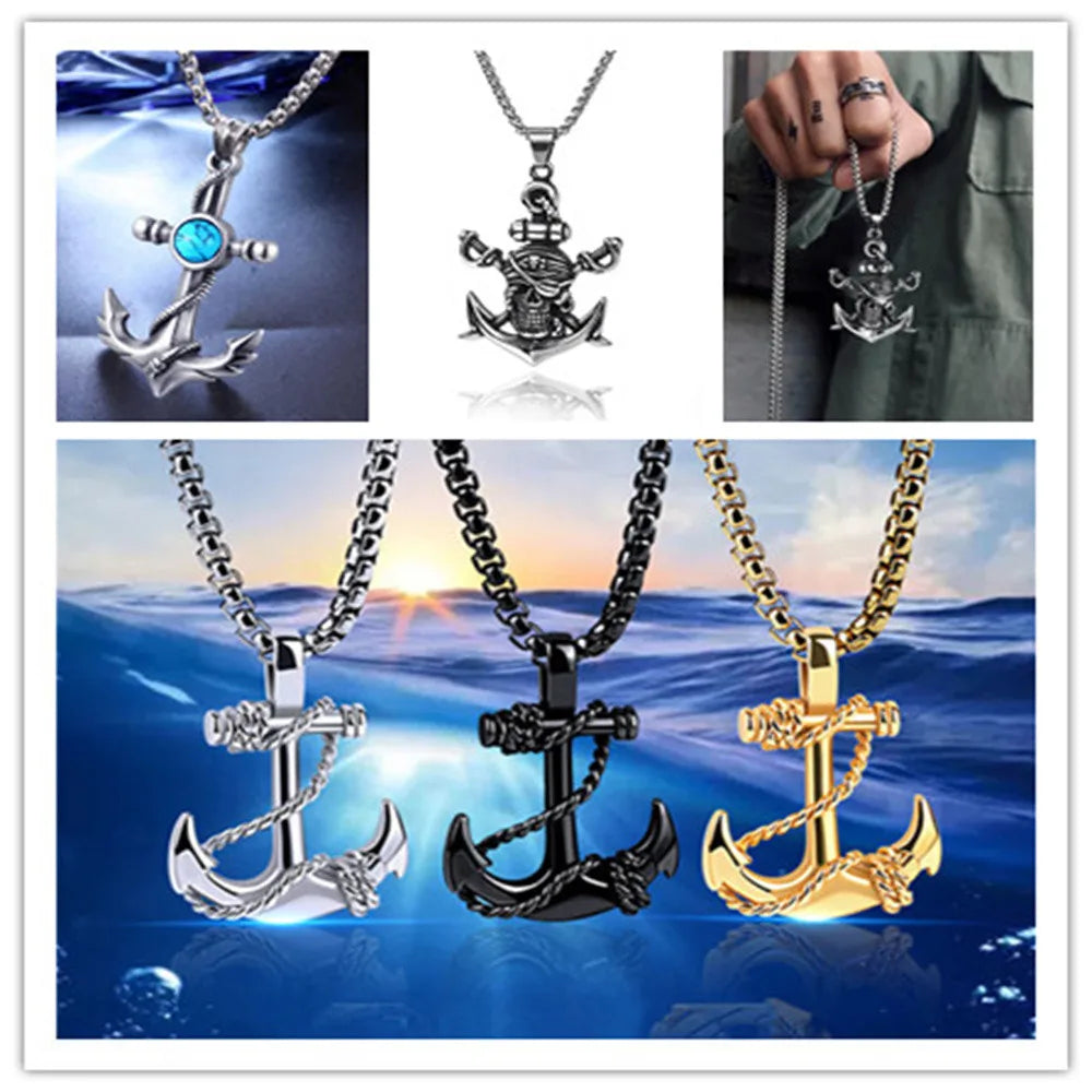 Wu's 2022 Double Sword Pirate Titanium Steel Necklace Retro Halloween Skull Ghost Head Anchor Necklace Imitation Turquoise Ancho
