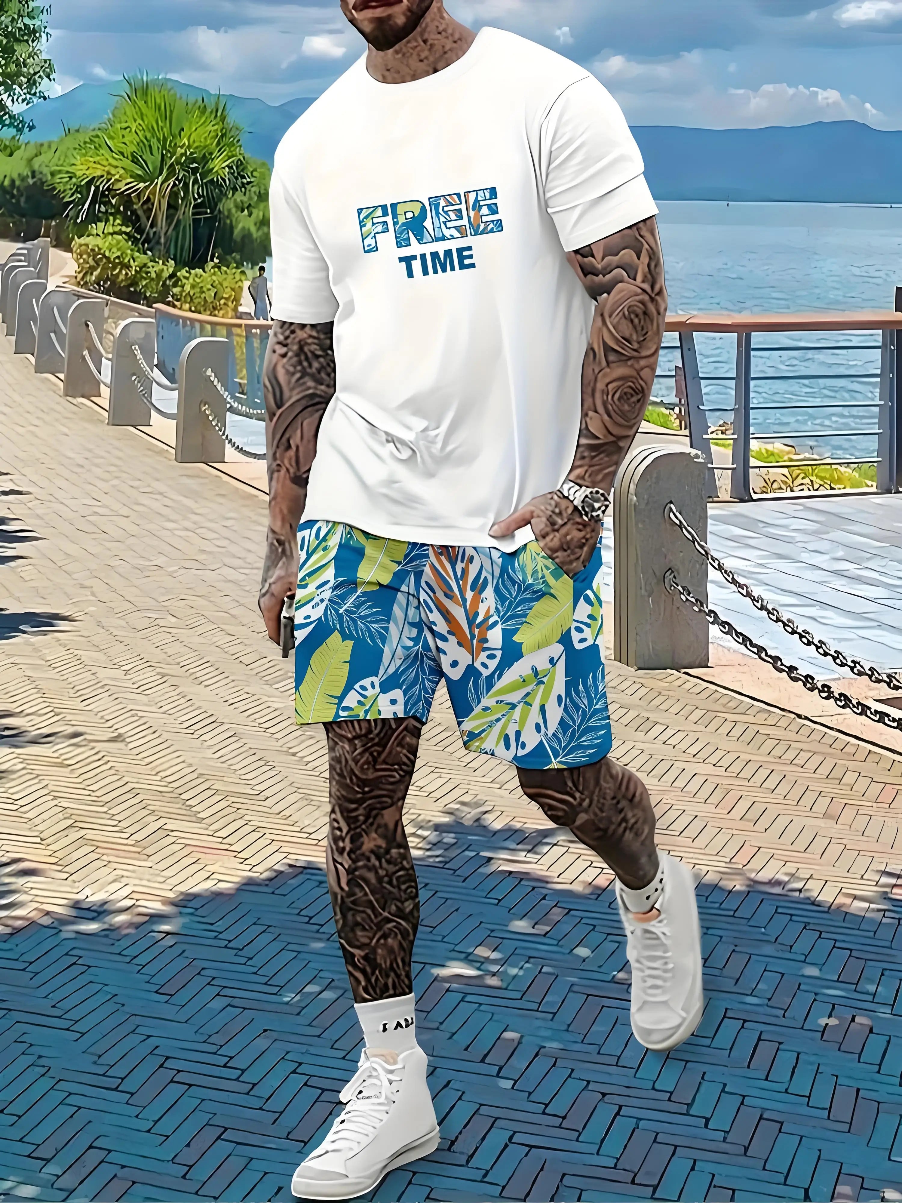 Men's Plus Size Urban Street T-Shirt & Shorts Set