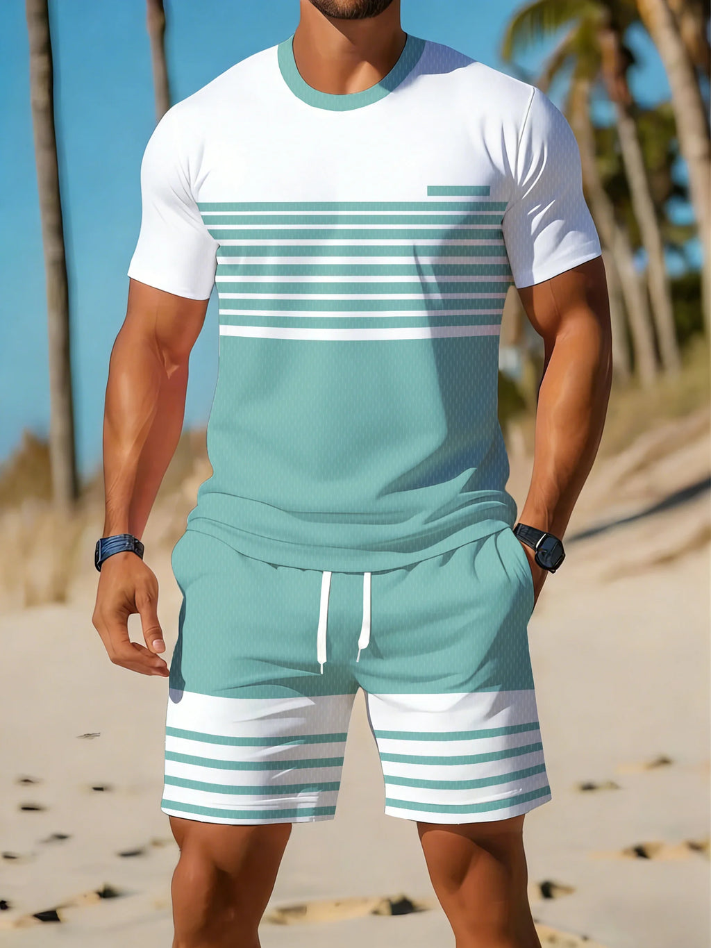 Men's Striped Print T-Shirt & Shorts Beach Set