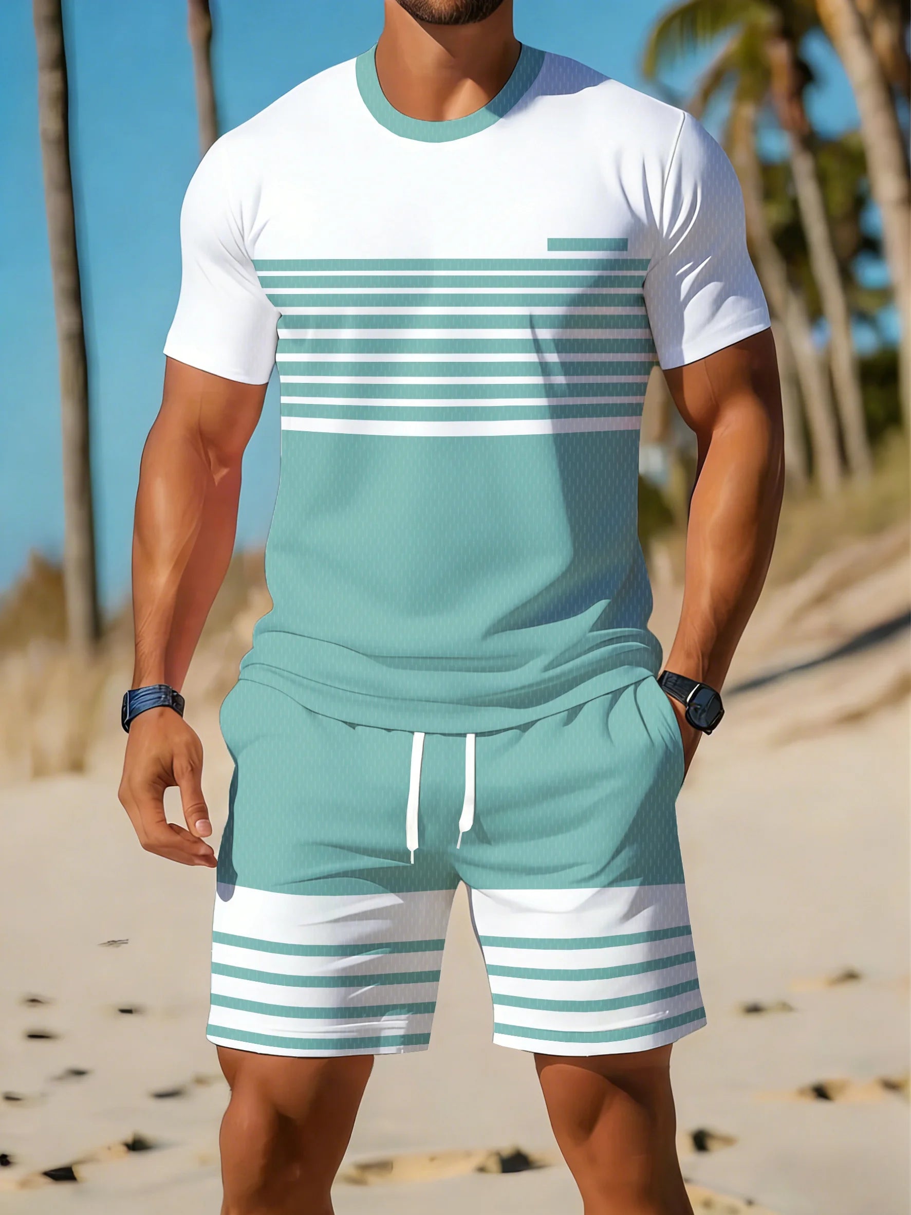 Men's Striped Print T-Shirt & Shorts Beach Set
