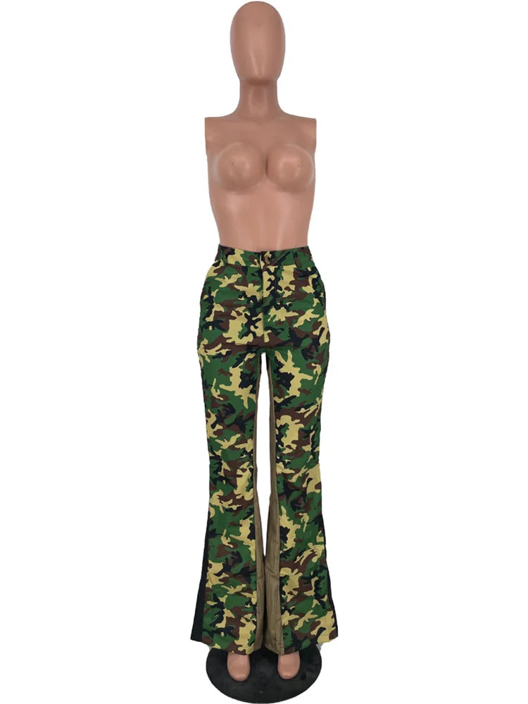 Y2K High Waist Print Flared Cargo Trousers — Women
