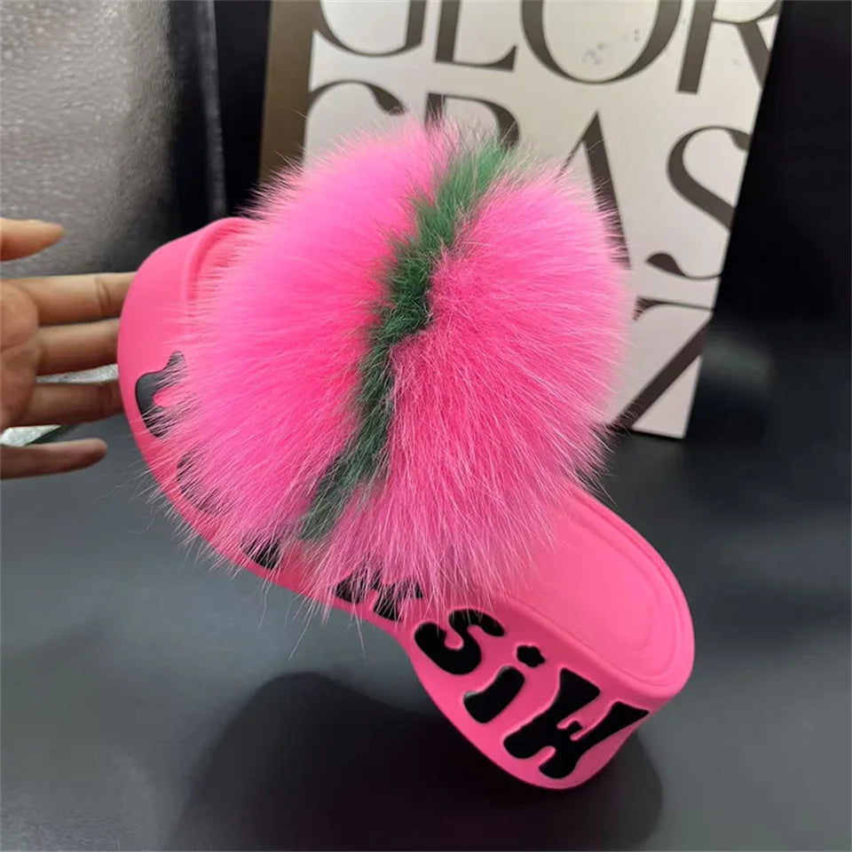 Women's Fox Fur Slippers Summer Open-Toe Fluffy Slippers Anti-Slip Shoes for Woman Sandals Fluffy Black Slides Fur Slides