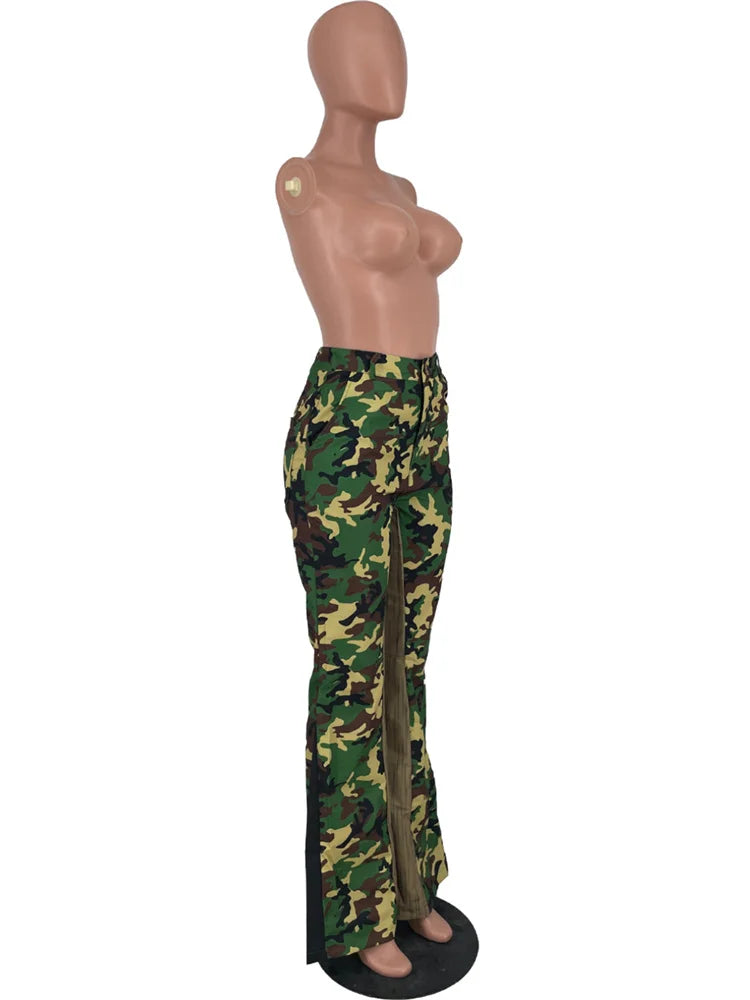 Y2K High Waist Print Flared Cargo Trousers — Women