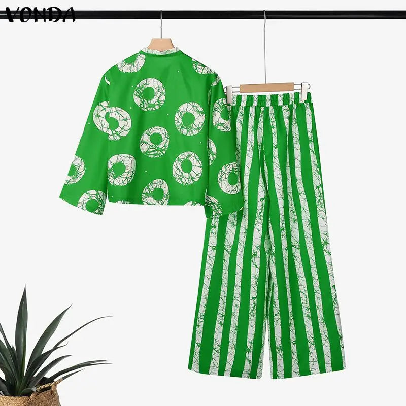 Plus Size Bohemian Print Shirt & Wide Leg Pants Set — Women
