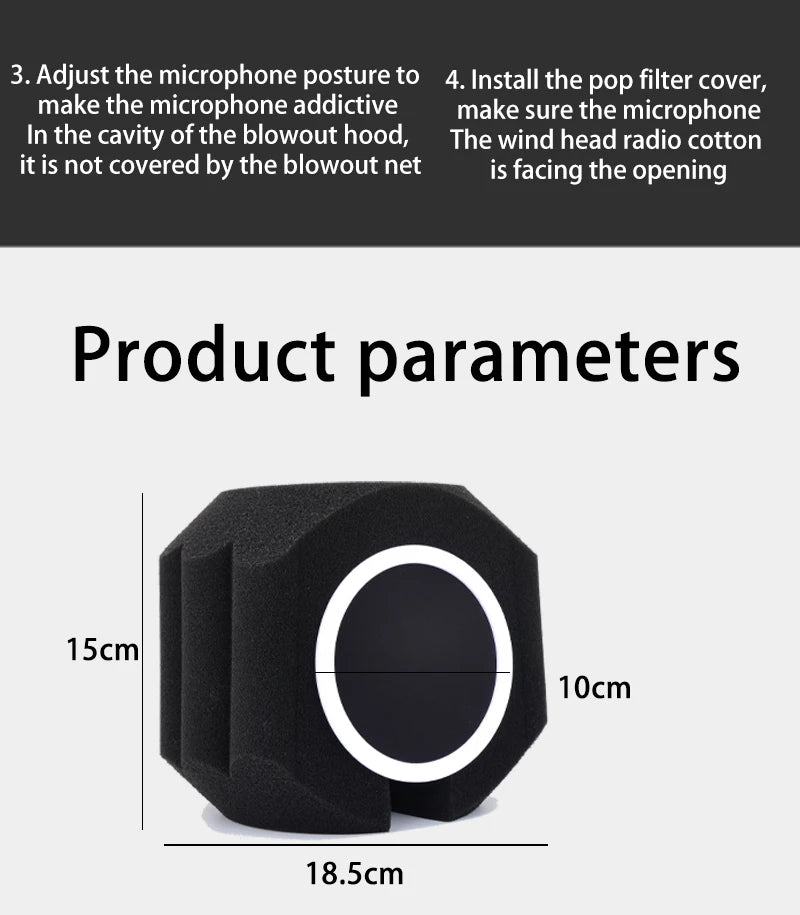 Acoustic Windscreen 5-Sided Seal - Wind Noise Reduction, Side-Open POP Filter, Quiet Studio, Portable & Lightweight
