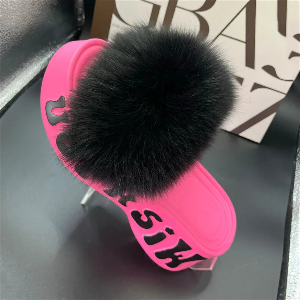 Women's Fox Fur Slippers Summer Open-Toe Fluffy Slippers Anti-Slip Shoes for Woman Sandals Fluffy Black Slides Fur Slides