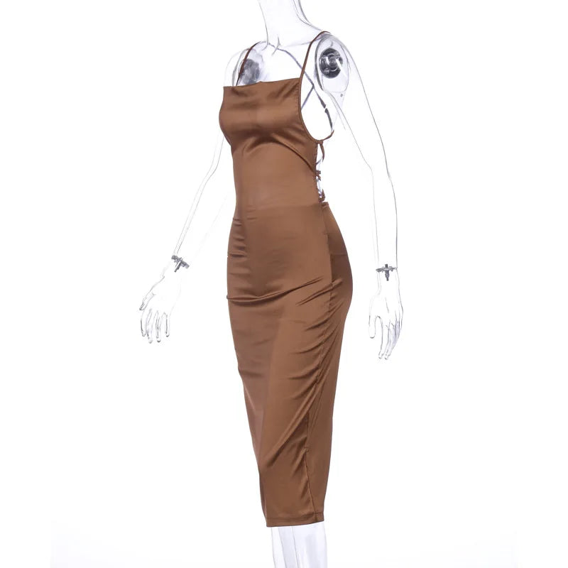 Neon Satin Lace-Up Bodycon Midi Dress — Women's