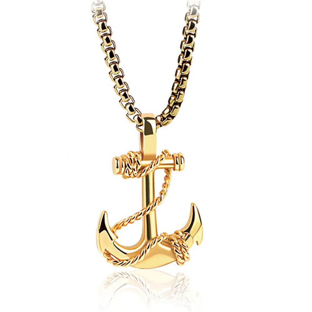 Wu's 2022 Double Sword Pirate Titanium Steel Necklace Retro Halloween Skull Ghost Head Anchor Necklace Imitation Turquoise Ancho