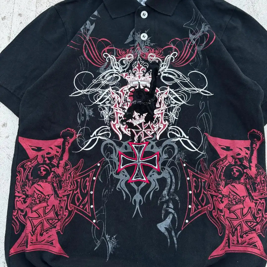 Comic Print Y2K Black Polo Tee