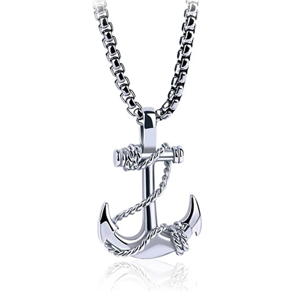 Wu's 2022 Double Sword Pirate Titanium Steel Necklace Retro Halloween Skull Ghost Head Anchor Necklace Imitation Turquoise Ancho