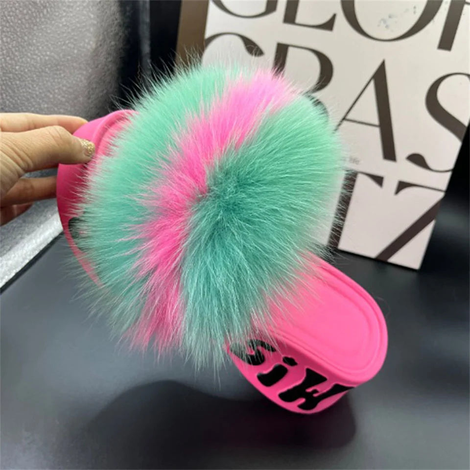 Women's Fox Fur Slippers Summer Open-Toe Fluffy Slippers Anti-Slip Shoes for Woman Sandals Fluffy Black Slides Fur Slides