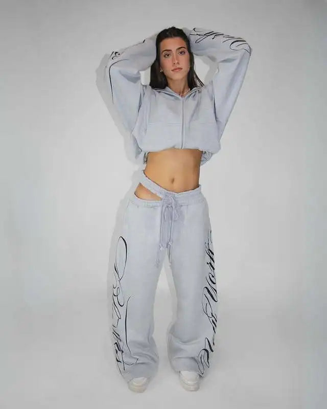 Grey Y2K Script Print Hoodie & Wide Leg Pants Set