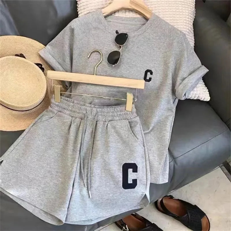 Women's Print Letter T-Shirt & Shorts Two-Piece Set