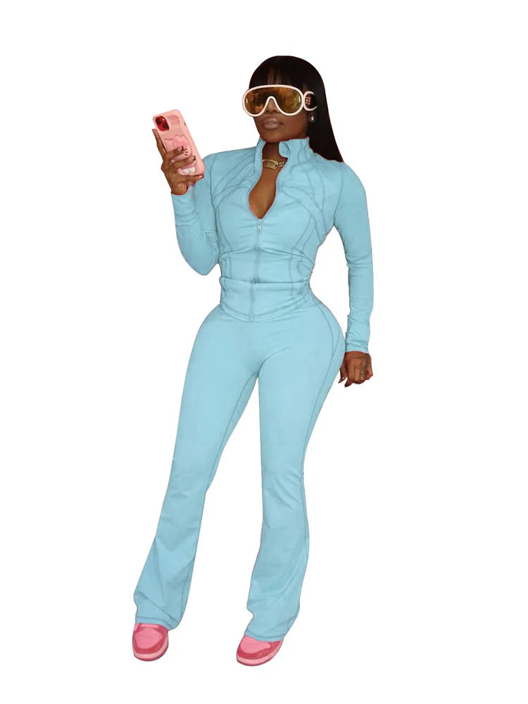 Elegant Sports Women Clothing Sales Long Sleeve Tops Flare Pants 2 Two Pieces Sets Tracksuit Streetwear Jogging Leggings Outfits