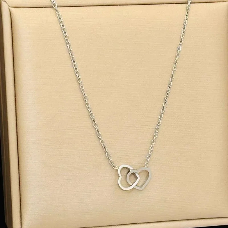 Simple Double Heart Pendant Necklace for Women Couple Stainless Steel Choker Gold Color Chain Wedding Party Friends Jewelry Gift