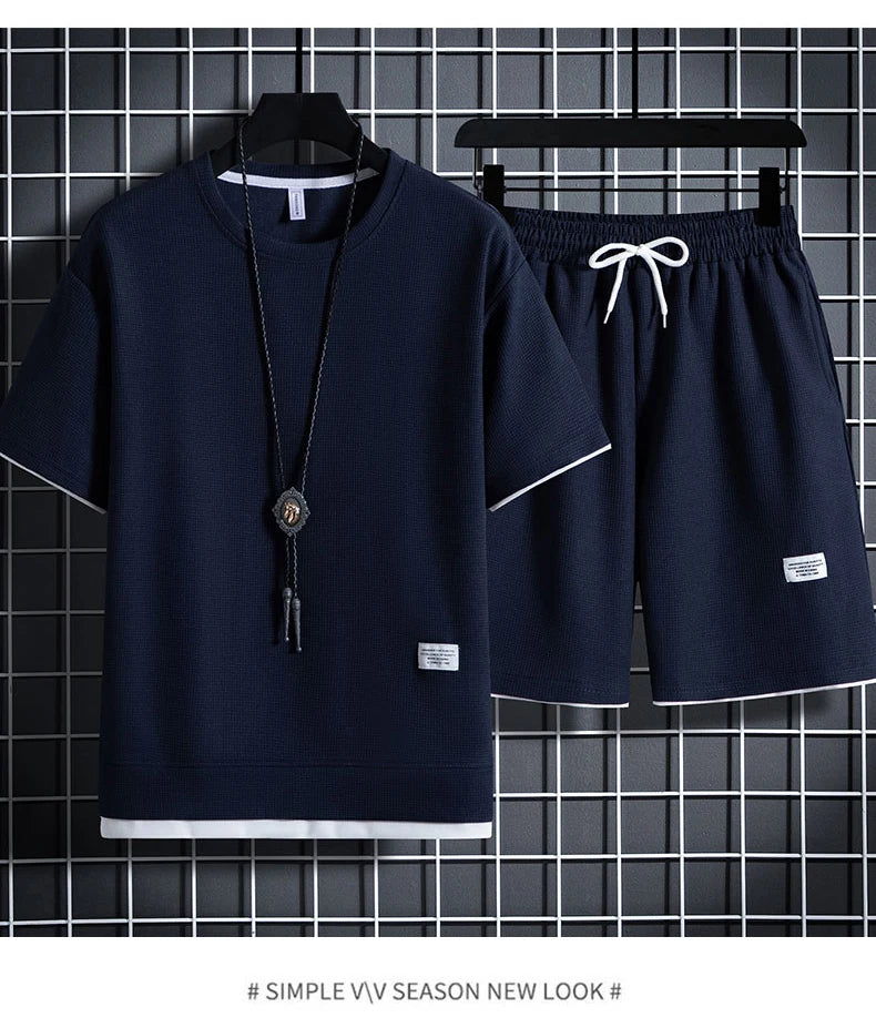 Men's Waffle T-Shirt & Shorts Tracksuit Set