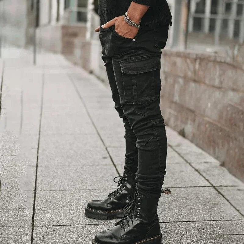 Men Street Elastic Denim Jeans Wash Solid Color Multi Pockets Cargo Pants Casual Slim Fit Daily Wear Joggers Mid Waist Trousers