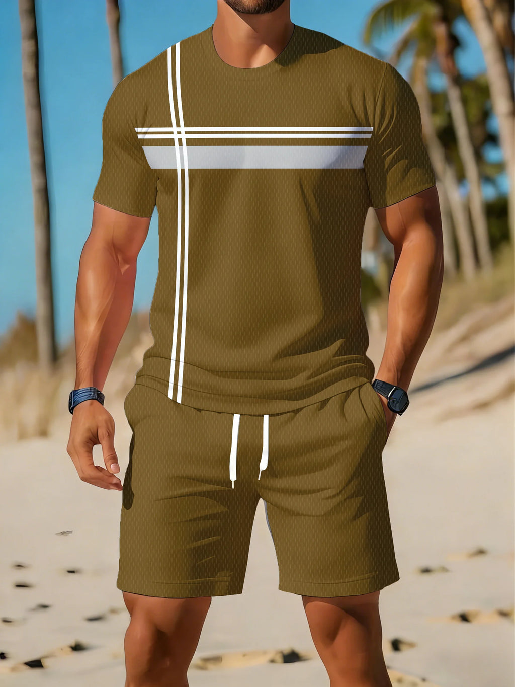 Men's Plus Size Striped Beach T-Shirt & Shorts Set