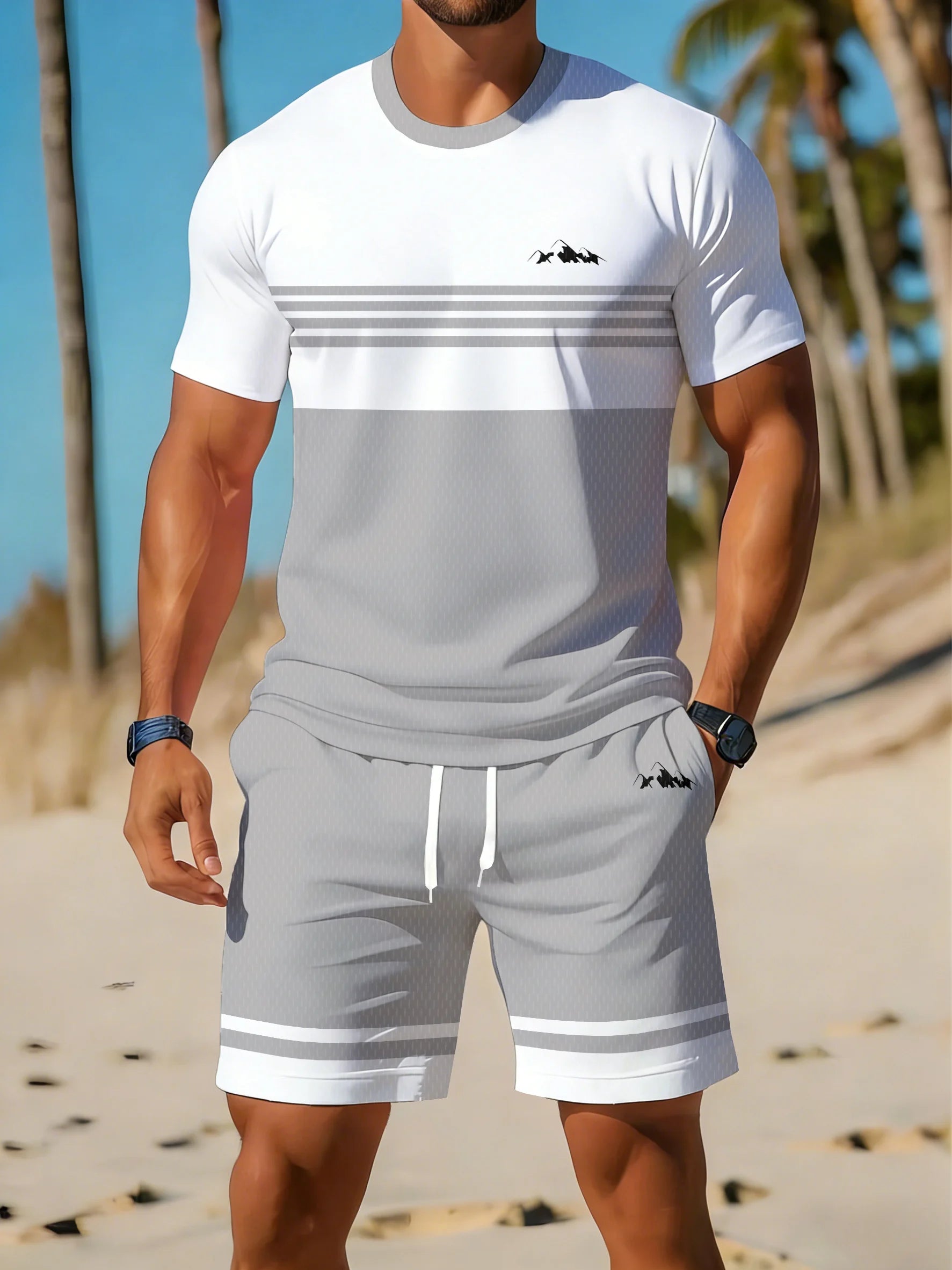 Men's Striped Print T-Shirt & Shorts Beach Set