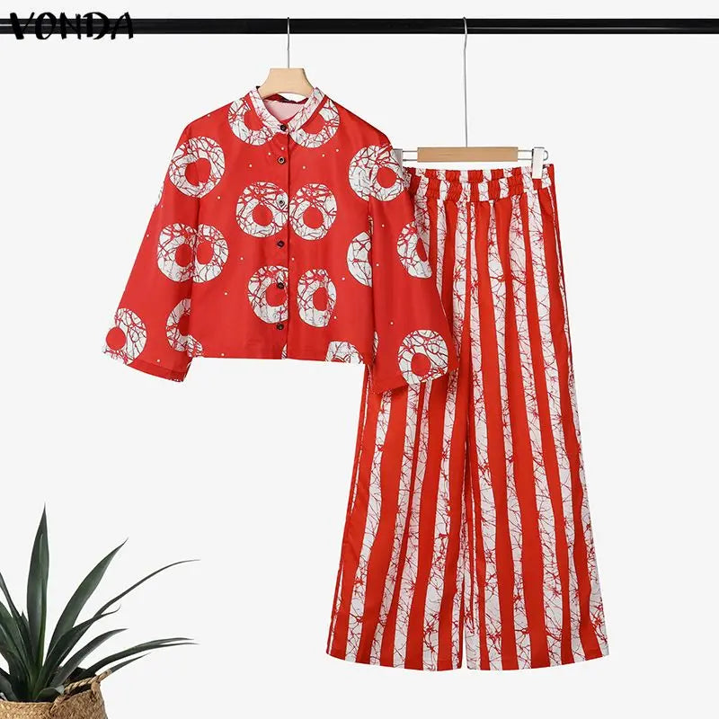 Plus Size Bohemian Print Shirt & Wide Leg Pants Set — Women