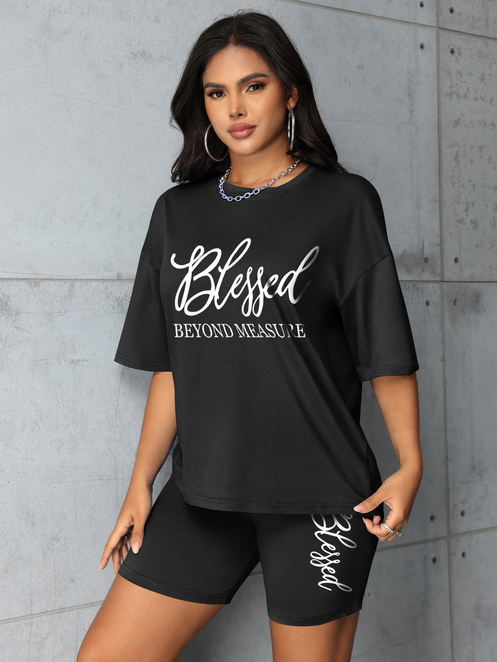 Plus Size Blessed Print Two-Piece Short Set — Women