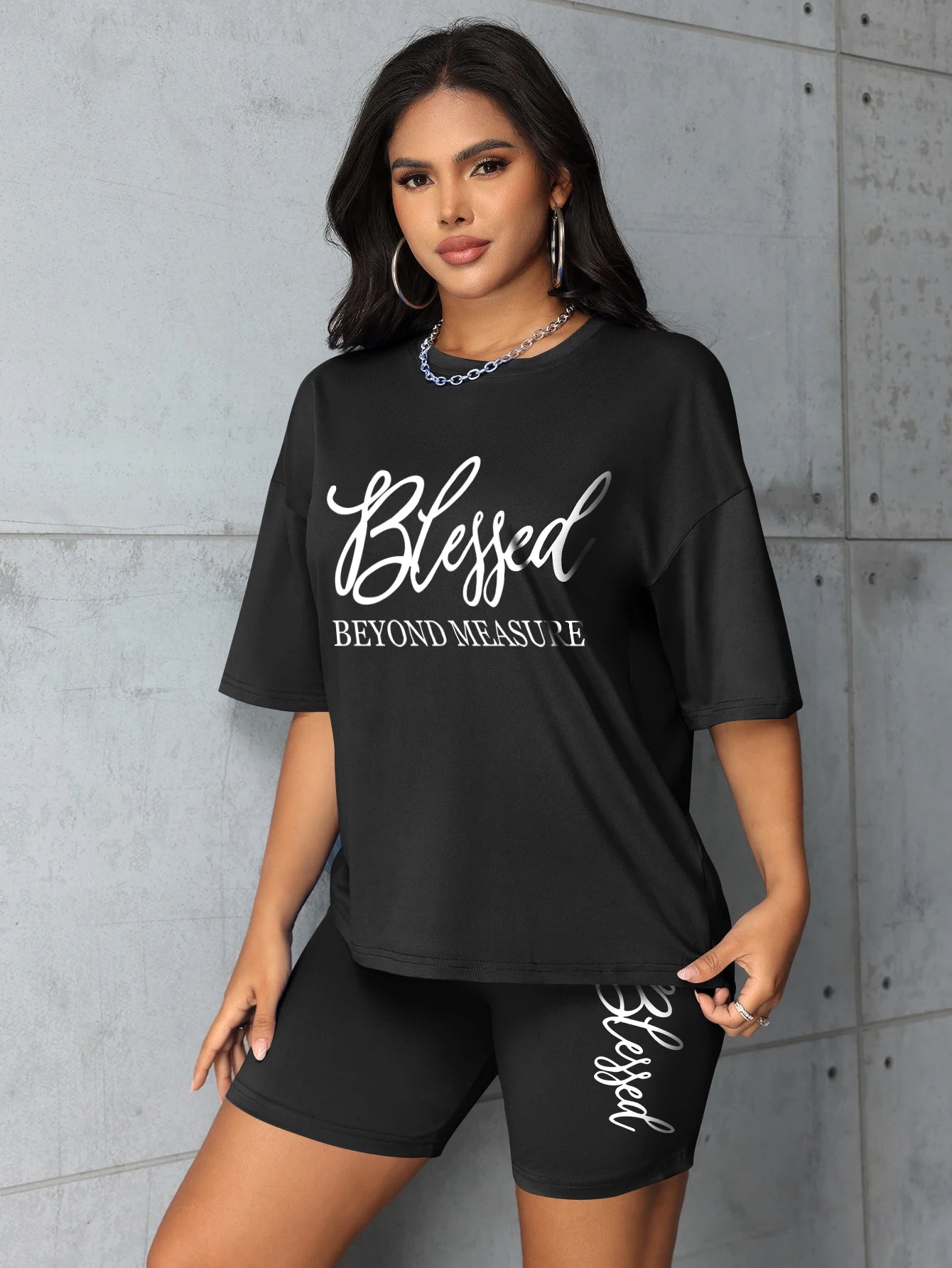 Plus Size Blessed Print Two-Piece Short Set — Women