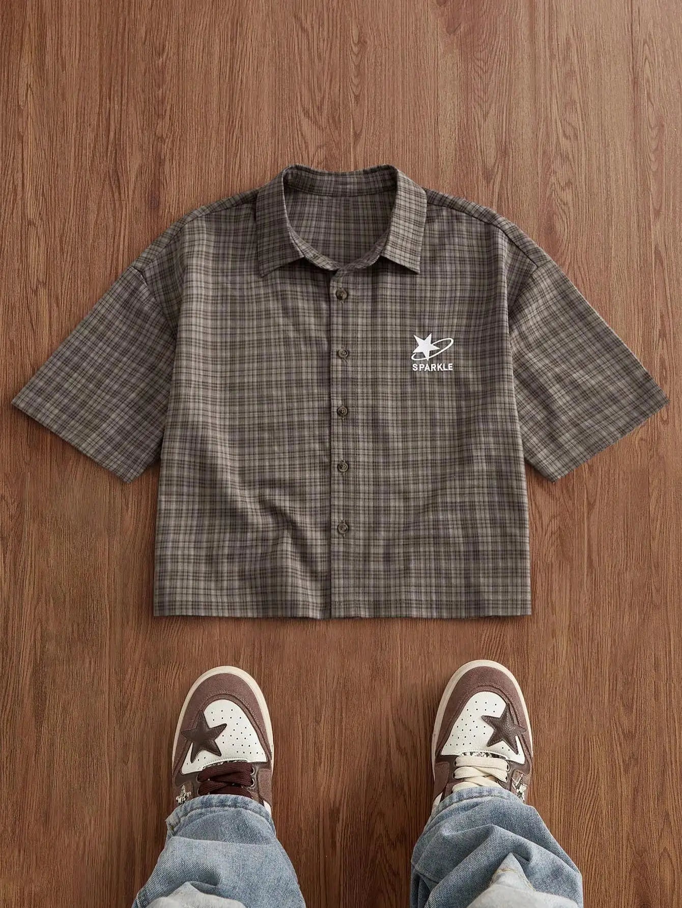 Men Casual Plaid Cropped Short Sleeve Shirt Y2k Street Style
