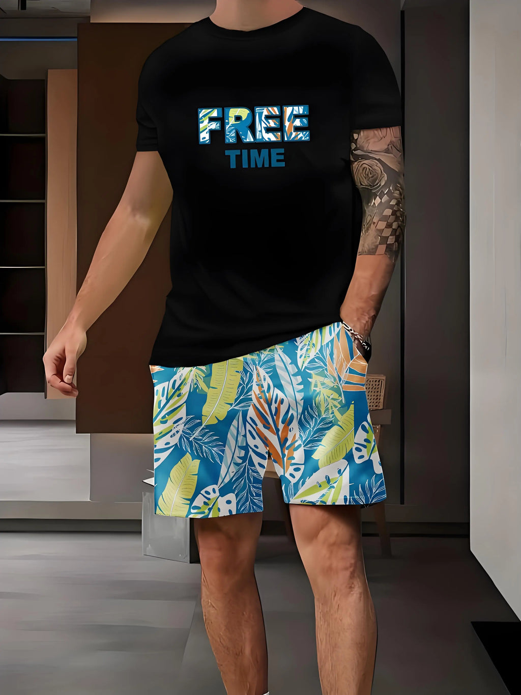 Men's Plus Size Urban Street T-Shirt & Shorts Set