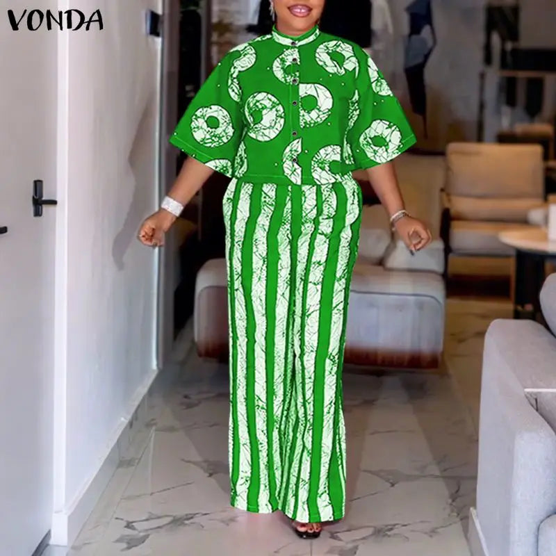 Plus Size Bohemian Print Shirt & Wide Leg Pants Set — Women