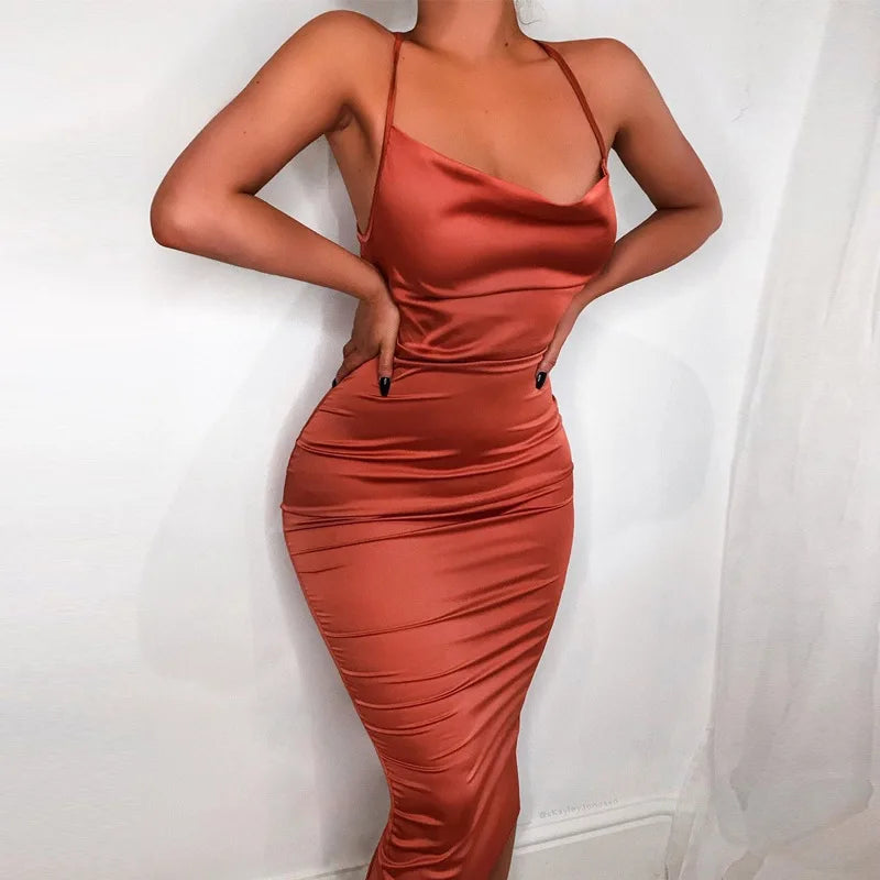 Neon Satin Lace-Up Bodycon Midi Dress — Women's
