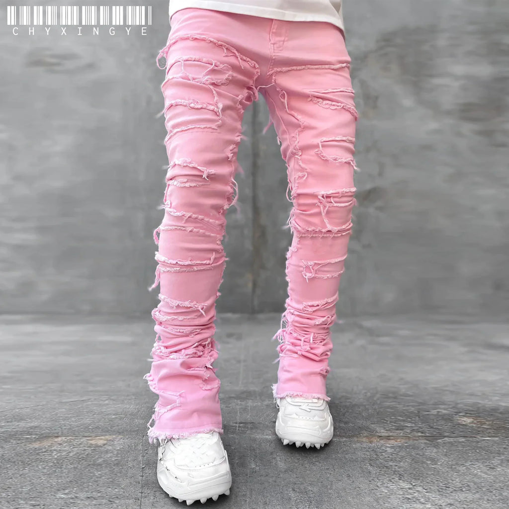 Men's Ripped Slim Fit Stacked Denim Jeans