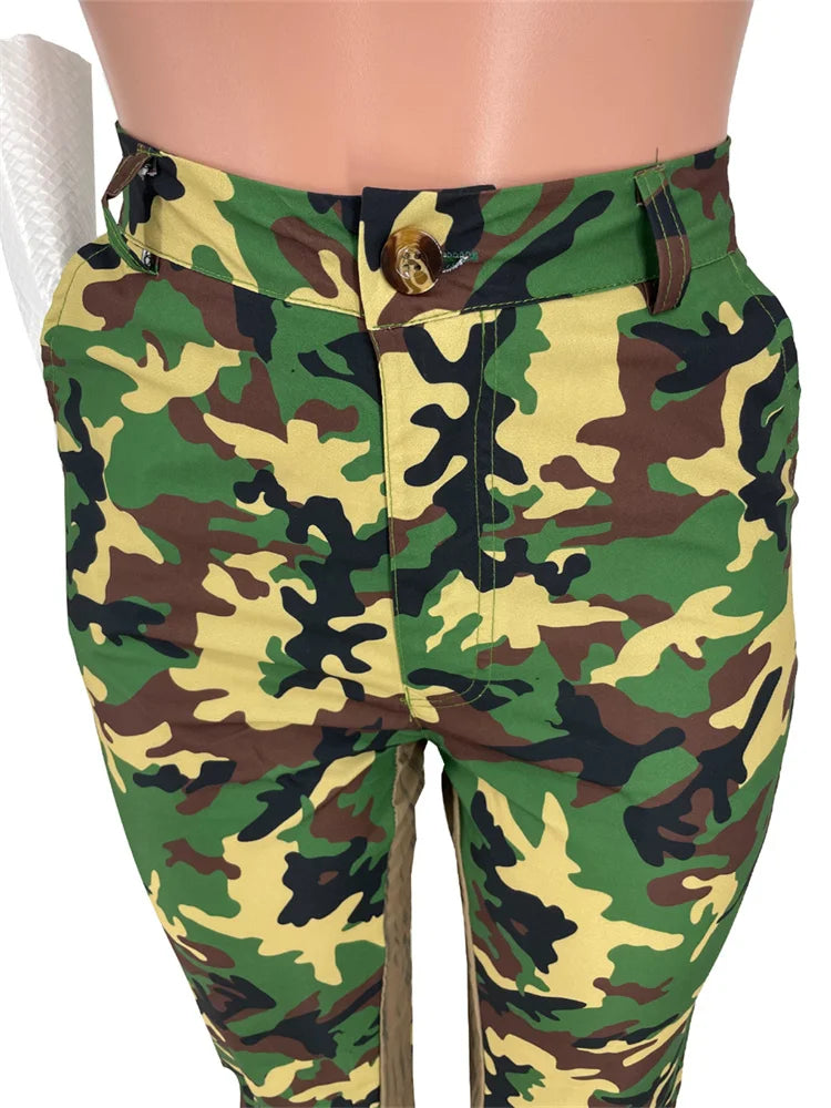 Y2K High Waist Print Flared Cargo Trousers — Women