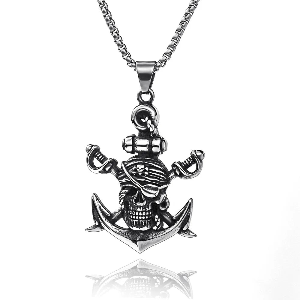 Wu's 2022 Double Sword Pirate Titanium Steel Necklace Retro Halloween Skull Ghost Head Anchor Necklace Imitation Turquoise Ancho
