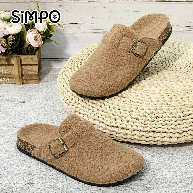 New Plush Closed-toe Slippers Retro Sandals Women Men's Indoor & Outdoor Slip-on Flat Shoes Suitable For Fall & Winter